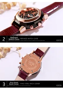 Detail of GEDI watch with stainless steel back, mineral glass, and IP plating finish
