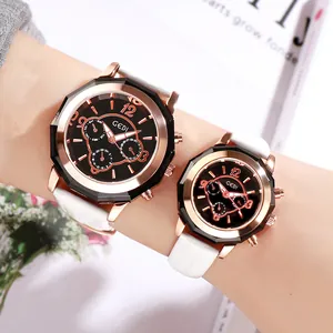 Elegant pair of GEDI octagon rose gold quartz watches with black dial and white leather straps