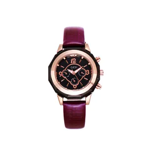 Fashionable women's watch with purple leather strap and rose gold case on white background