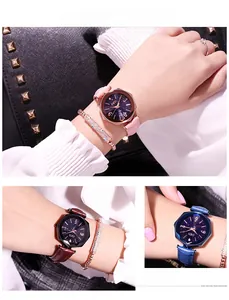 Three-panel detail of polygonal starry sky watches with matching beaded bracelets