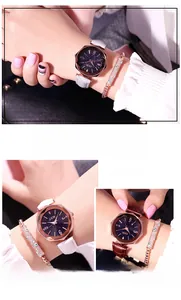 Close-up of octagon rose gold star dial watch and evil eye bracelet set for women