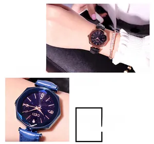 Detail of GEDI polygon watch with starry dial and leather strap next to a bracelet