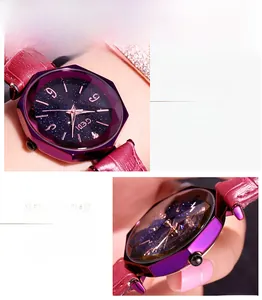 Macro view of starry sky dial with mineral glass and octagonal purple electroplated case
