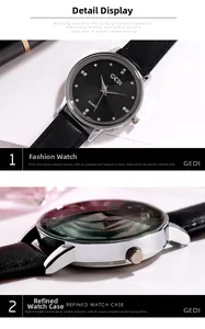 Dettaglio dell'orologio al quarzo GEDI con cinturino in pelle nera e quadrante con strass