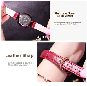 Detailed view of stainless steel case back and red leather strap with GEDI engraving