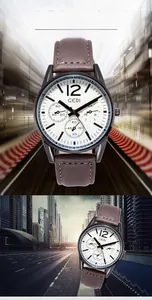 Détail de la montre GEDI pour homme avec cadran blanc à trois yeux et bracelet cuir