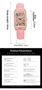 Detailed size specifications for a rectangular rhinestone watch with pink leather strap