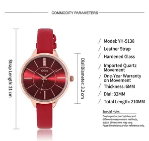 Produktdetails für rote Quarzuhr mit 32mm Gehäusedurchmesser und technischen Daten