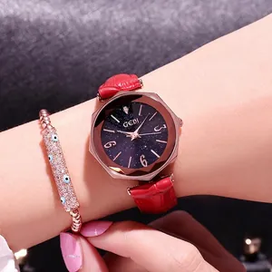 GEDI Women Fashion Starry Sky Quartz Watch And Evil Eye Bracelet Set Leather Strap Geometric Bezel Rhinestone Wristwatch