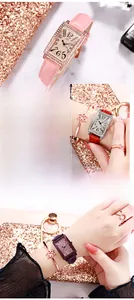 Detail view of GEDI rectangular watch with crystal bezel and colorful leather straps