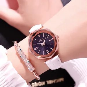 Octagonal rose gold starry sky watch with white leather strap and charm bracelet