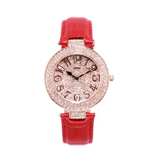 GEDI fashion women's watch with rose gold diamond bezel and red leather strap