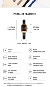 Detaillierte Maße der Vintage-Quarzuhr für Damen mit schwarzem Mesh-Armband im Quadrat