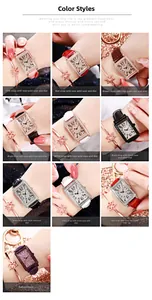 Detail shots of various colors of rectangular vintage ladies' watches with diamond bezel