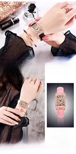 Close-up of rectangular diamond watch with star bracelet and ring jewelry set for women