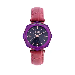 Women's quartz watch with purple polygon case, starry sky dial and red leather strap