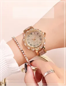 Close-up of rose gold watch set with crystal-encrusted dial and matching bracelet