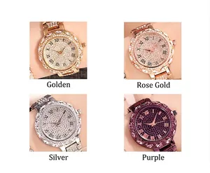 Four colors of luxury women's quartz watches with sparkling rhinestones and Roman numerals