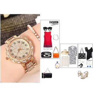 Detailed close-up of a luxury women watch with crystal-encrusted dial and rose gold band
