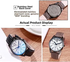 Détails de la montre GEDI pour homme avec dos en acier et bracelet en cuir véritable