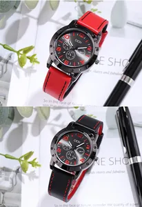 Detailed view of GEDI multi-function men's watches with grey dials and red leather straps