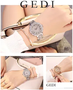 Close-up of luxury GEDI quartz watch with diamond-set dial and matching jewelry
