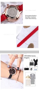 Details des Edelstahlgehäuses und des Echtlederarmbands dieser Quarz-Armbanduhr