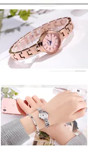 Close-up of GEDI women's quartz watch with blue hands and rose gold steel strap