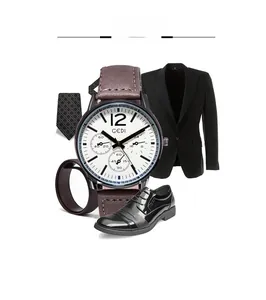 Montre à quartz pour hommes avec bracelet en cuir marron et cadran chronographe blanc