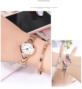 Detail shot of elegant women's quartz watches with matching screw design metal bracelets