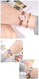 Detailed view of women's quartz watch and metal bangle featuring a screw motif decoration