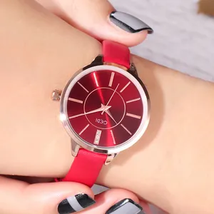 Mode Quarz Uhr für Damen mit rotem Lederarmband und roségoldenem Sonnenschliff-Zifferblatt