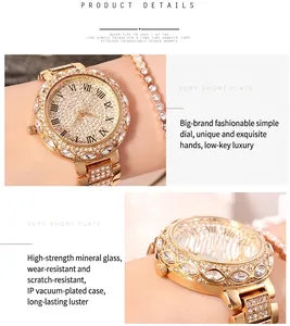 Detail of luxury gold watch dial with pave crystal setting and Roman numerals