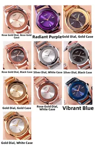 Diverse opzioni di colore per orologi da donna in oro rosa con vetro sfaccettato e diamanti