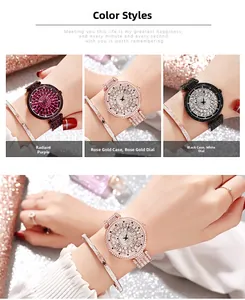 Détail du coffret montre de luxe en strass avec bracelets et bagues en trois couleurs