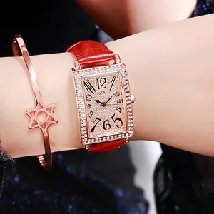 Elegant rose gold square watch for women with red leather strap and sparkling rhinestones
