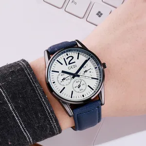 Montre à quartz pour homme avec bracelet en cuir bleu et cadran blanc élégant