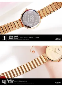 Detail view of the rose gold bamboo bracelet watch with stainless steel case back