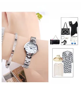 Silver-tone quartz watch set with rhinestone indices and screw-motif metal bangle on wrist