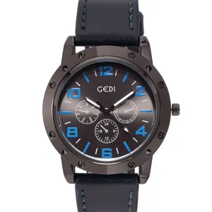 GEDI men's quartz watch with grey dial, blue markers, and leather strap in high detail