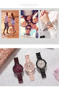 Détail de montres luxe pour femmes serties de cristaux en violet, or rose et noir