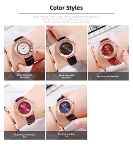 Détail de quatre montres GEDI à quartz avec bracelet en cuir et lunette sertie de diamants