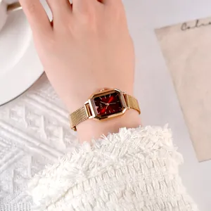 Women's vintage octagonal gold watch with wine red dial and mesh band