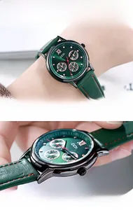Detail of green leather watch with mineral glass and IP plating finish