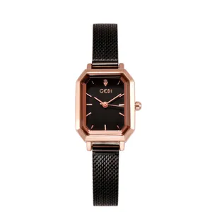 Elegant women's rectangular watch with rose gold case and black mesh strap on white background