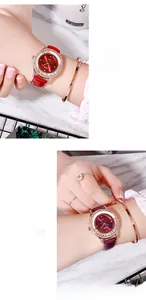 Détail de la montre à quartz GEDI de luxe avec lunette en cristal et bracelet en cuir