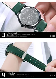Macro detail of stainless steel watch back and green leather strap with red stitching