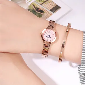 Elegant rose gold steel watch with pink dial and matching screw-motif bangle