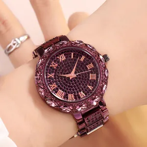 Luxury purple women's quartz watch with crystal-encrusted dial and rose gold metal band