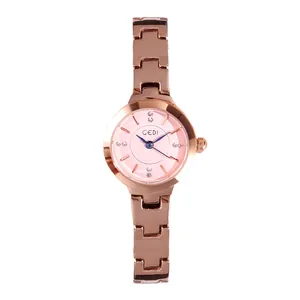 Elegant rose gold women's watch with pink textured dial and blue hands by GEDI